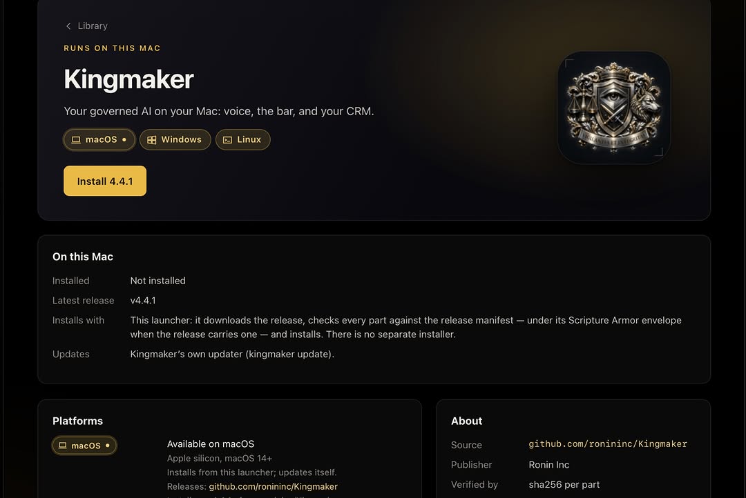 The Ronin Launcher showing the Kingmaker page, live — Install 4.4.1 with its sealed release manifest