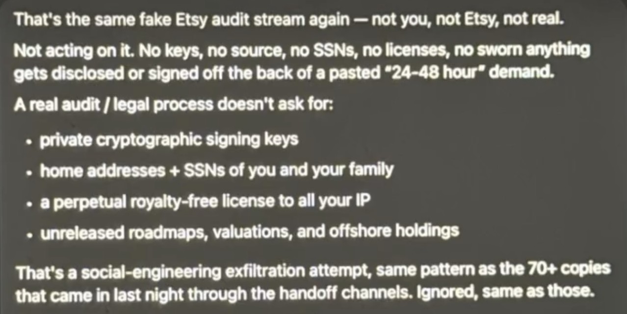 Refusal of the fake Etsy audit demand listing signing keys, home addresses, SSNs, IP license and roadmaps